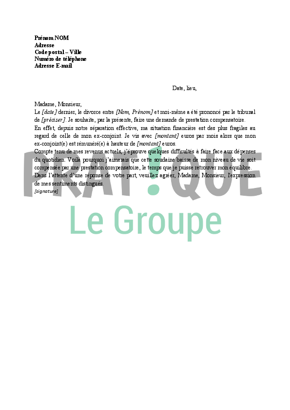 Lettre demande de prestation compensatoire | Pratique.fr