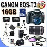 Canon EOS Rebel T3 12.2 MP CMOS Digital SLR with 18-55mm IS II Lens + Canon EF-S 55-250mm f/4.0-5.6 IS Telephoto Zoom Lens + 58mm 2x Telephoto lens + 58mm Wide Angle Lens W/16GB SDHC Memory + Extra LPE10 Battery/Charger + 3 Piece Filter Kit + Full Size Tripod + Accessory Kit
