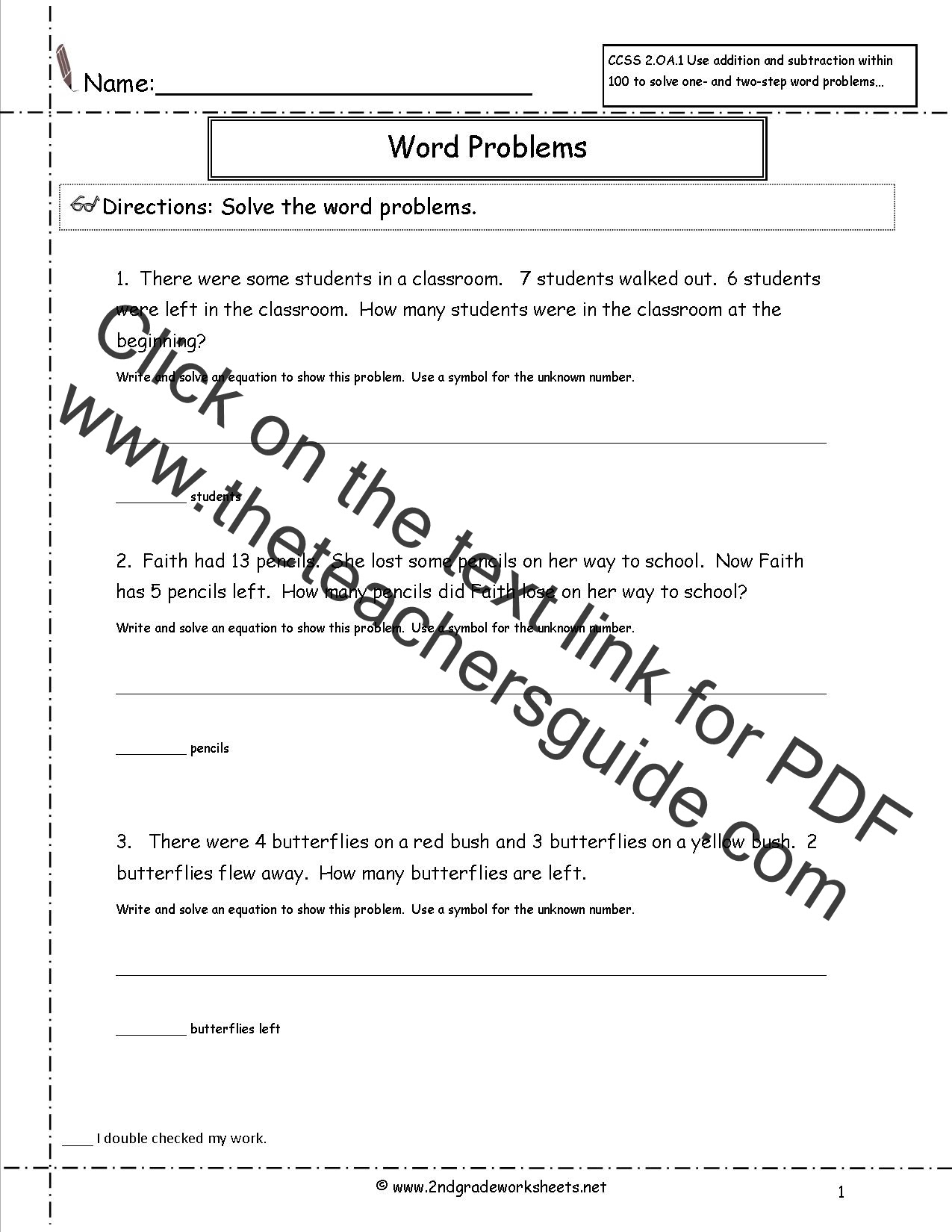 CCSS 2.OA.1 Worksheets. Addition and Subtraction Word ...