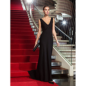 TS Couture Formal Evening / Military Ball Dress - Vintage Inspired Plus Size / Petite Sheath / Column V-neck Sweep / Brush Train Jersey with Beading