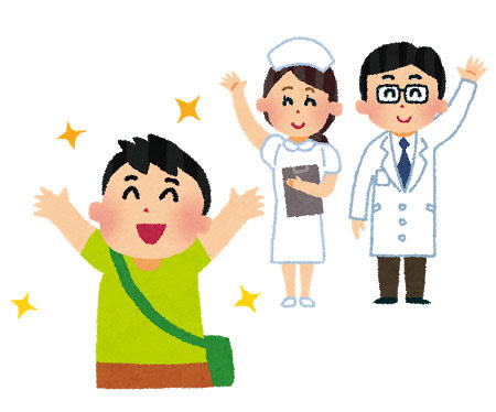フリー素材 全快して退院する男性を見送る医者と看護婦さんを描いたイラスト