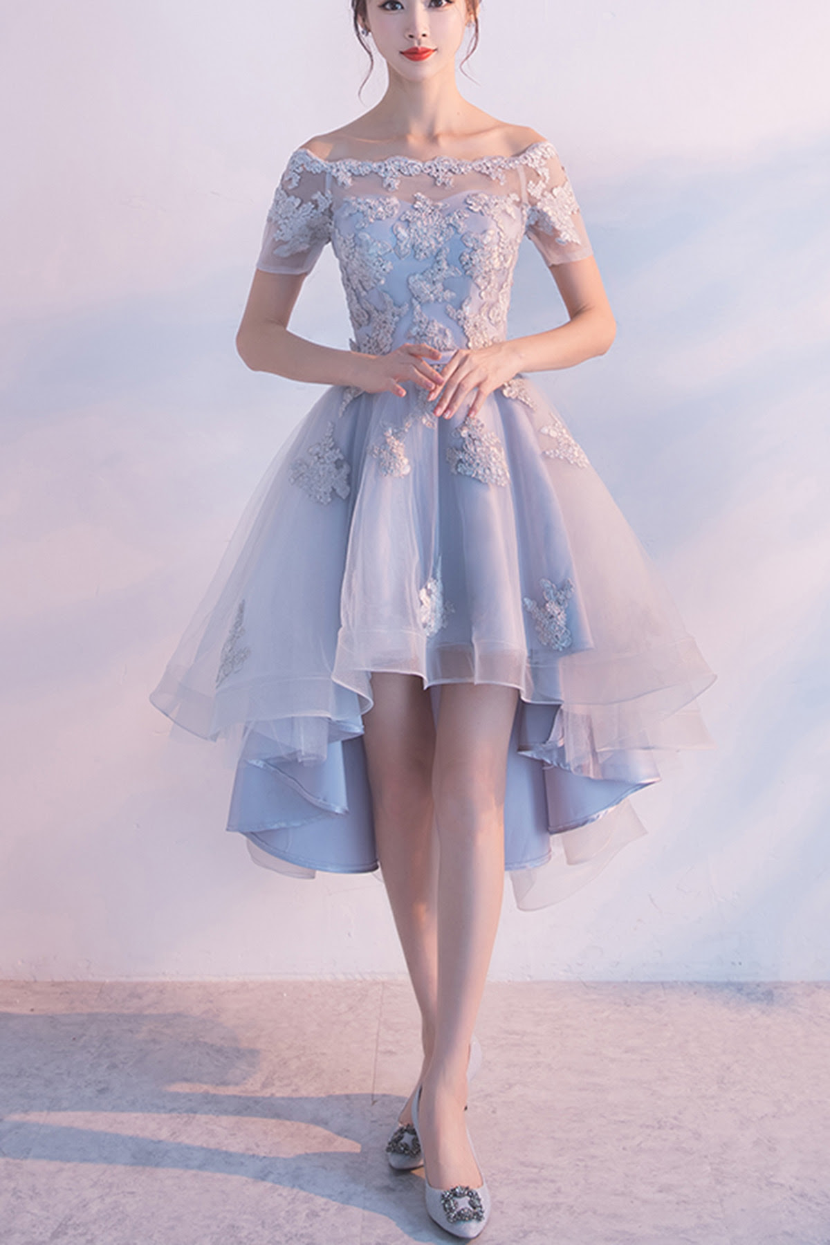 Blue off shoulder high low lace prom dress bridesmaid Blue off shoulder high low lace prom dress bridesmaid