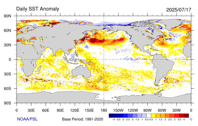 Anomalía temperatura superficial de los océanos.