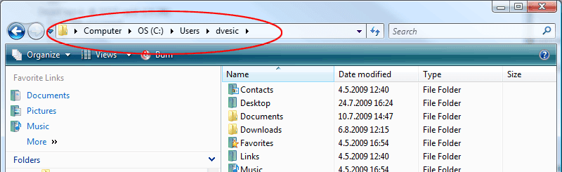 User folder, with Vista folder path