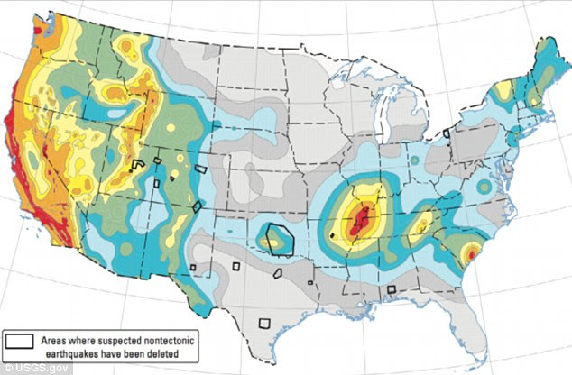 A 2014 United States National Seismic Hazard Maps with the areas most at risk shown in warmer colours. Recently, man-made quakes jolted once stable regions in eight states, including parts of Alabama, Arkansas, Colorado, Kansas, New Mexico, Ohio, Oklahoma and Texas