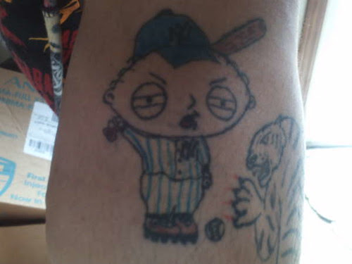 A tattoo of stewie Griffin from the animated cartoon Family Guy.