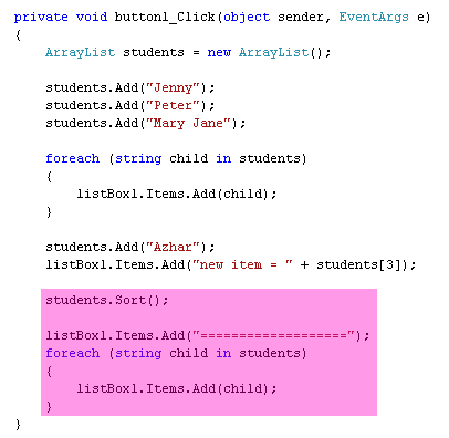 C# .NET Code to Sort an ArrayList