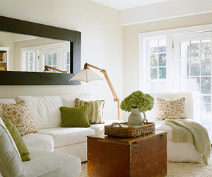 white couch, brown mirror, escape route