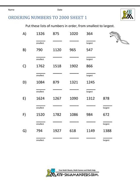  ordering 4 digit numbers worksheets 3rd grade