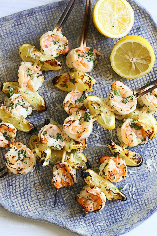 Grilled Shrimp Scampi Skewers – lemon, garlic, parmesan and parsley are the perfect combination for these delicous skewers!
