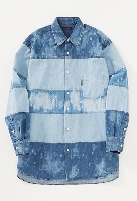 Blue Blue シャツ ブラウス デニムシャンブレー パッチワークブリーチボーダーシャツ