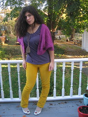 Mustard Cords, Purple Top, Magenta Shrug