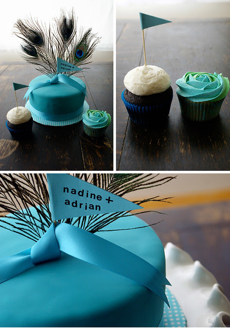 peacock themed wedding cake and cupcakes!