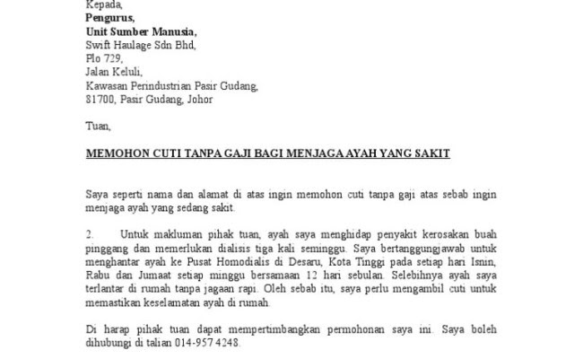 (tarikh pekerja memberi maklumbalas terpulang kepada majikan . Surat Rasmi Cuti Tanpa Gaji Dirumahmala Otosection