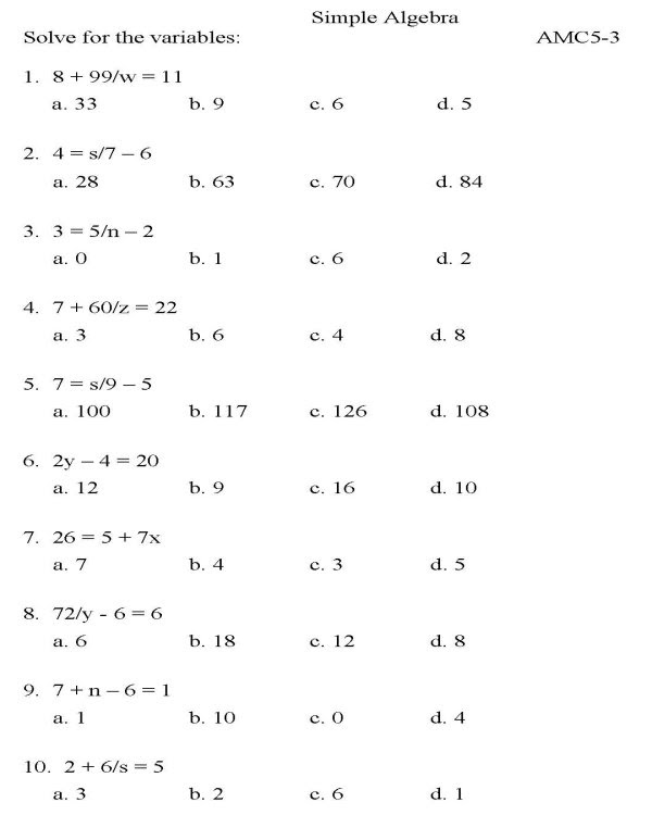 BlueBonkers - Algebra - Multiple Choice - P3 : free printable ...