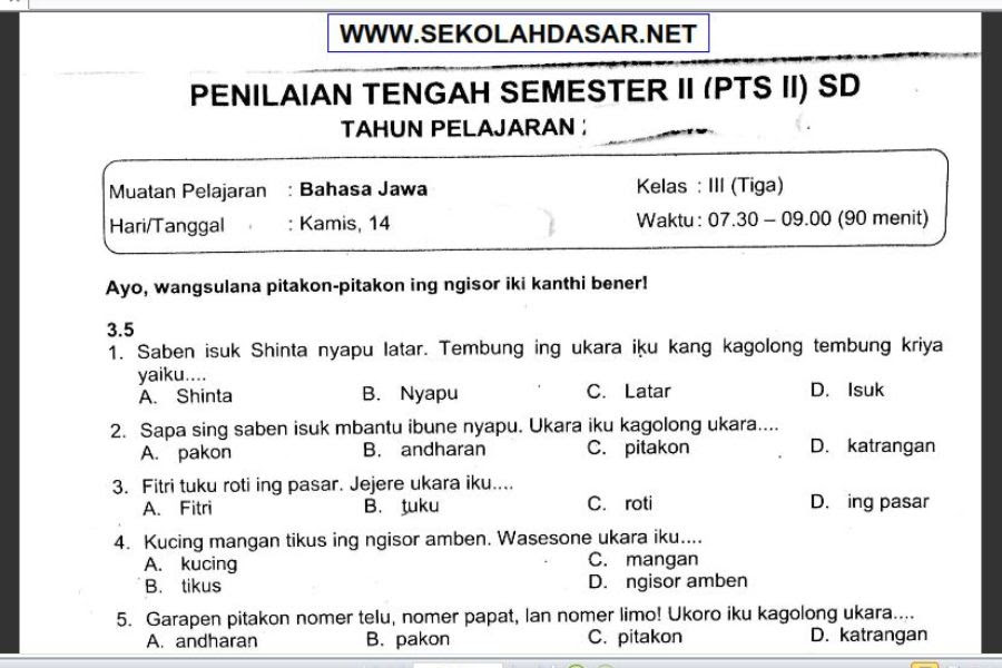  Soal  Bahasa  Jawa  Kelas  1 Semester  2  lasopastar