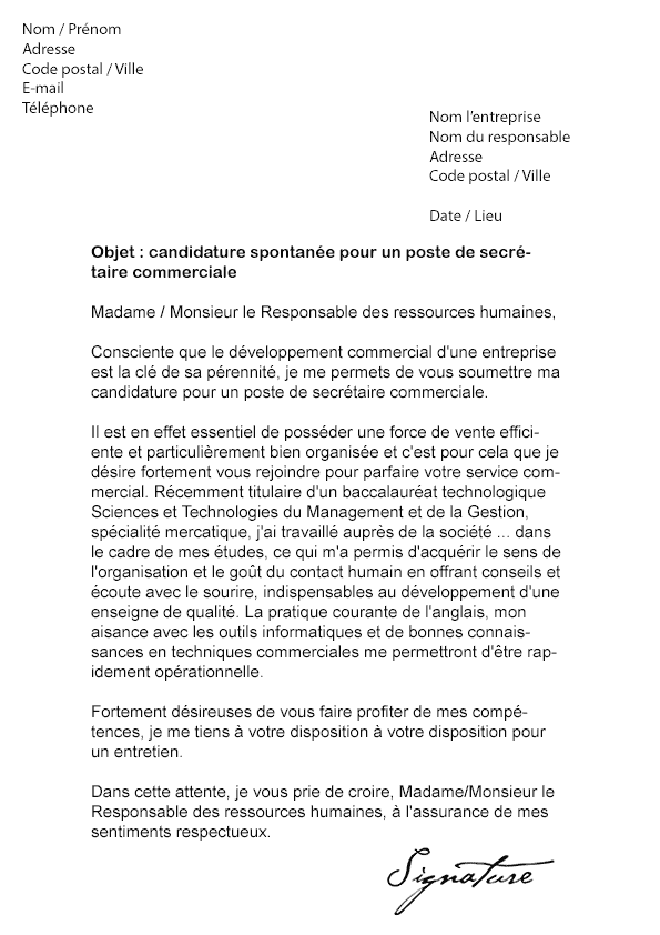 Lettre de motivation Secrétaire Commerciale - Modèle de Lettre