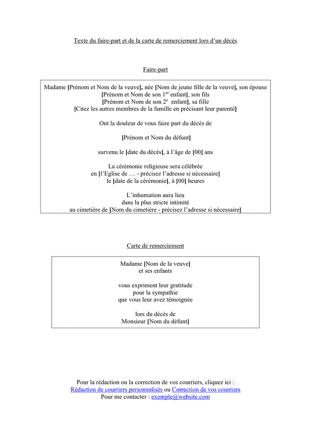 Texte du faire-part et de la carte de remerciement lors d ...
