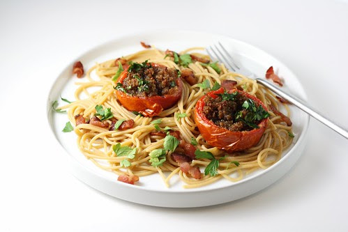 Spaghetti with Stuffed Roasted Tomatoes and Bacon