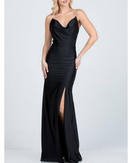 long black dress with rhinestone straps