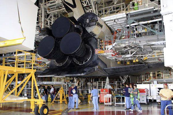 A shot of Discovery's three RSMEs before the tail cone was installed around them, on January 12, 2012.
