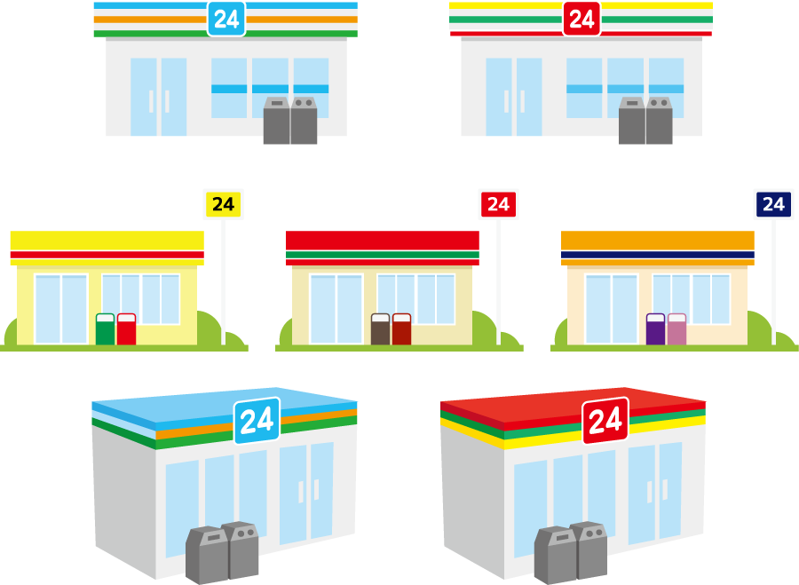 フリーイラスト 7種類のコンビニエンスストアのセットでアハ体験 Gahag 著作権フリー写真 イラスト素材集