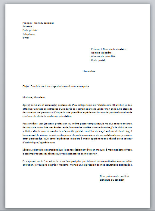 Comment faire une lettre de motivation pour stage de 3eme 