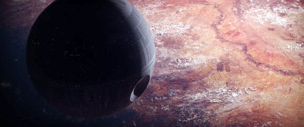 The Death Star orbits Jedha in ROGUE ONE: A STAR WARS STORY.