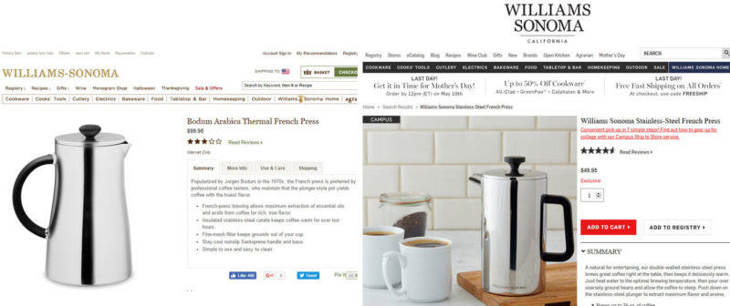 Bodum v. Williams Sonoma lawsuit - comparison of Bodum and WS french press product pages.
