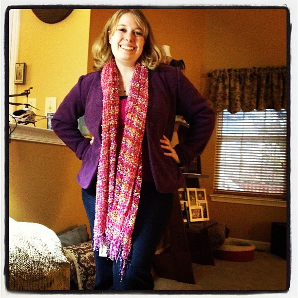 Belated birthday gift I got today! I love my new fleece jacket and scarf! It matches today's outfit, too!