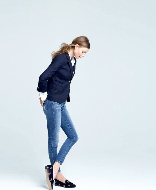 Le Fashion Blog Preppy Chic Behati Prinsloo JCrew Lookbook Schoolboy Blazer White Shirt Skinny Jeans Embellished Velvet Loafers photo Le-Fashion-Blog-Preppy-Chic-Behati-Prinsloo-JCrew-Lookbook-Schoolboy-Blazer-White-Shirt-Skinny-Jeans-Embellished-Loafers.jpg