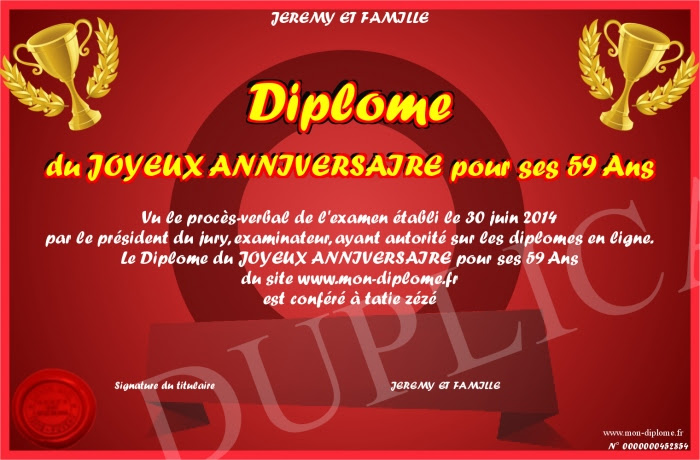 Diplome Du Joyeux Anniversaire Pour Ses 59 Ans