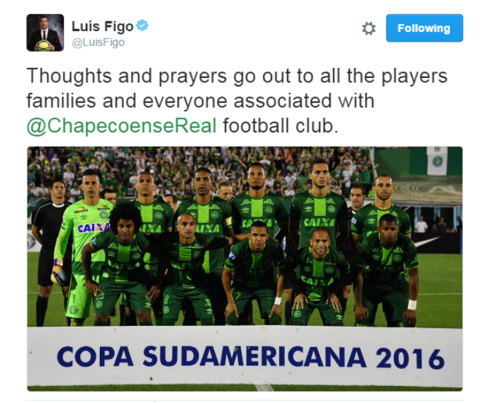 luis figo lamenta acidente da chapecoense (Foto: Reprodução Twitter)