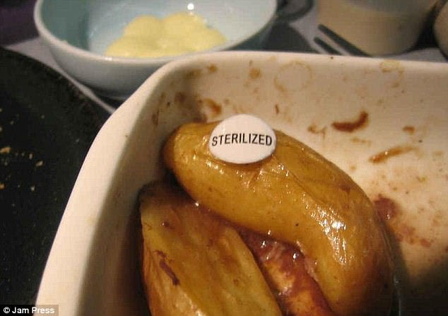 Alarming: It's good to know that your food hasn't been contaminated but this sticker on the sausage gave one passenger cause for concern 