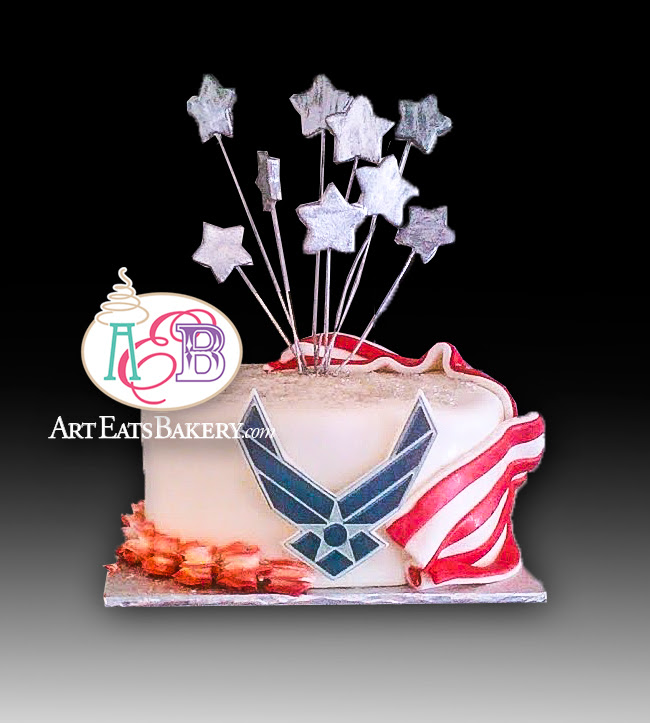 Airforce birthday cake design with flag, silver stars and wing logo.jpg