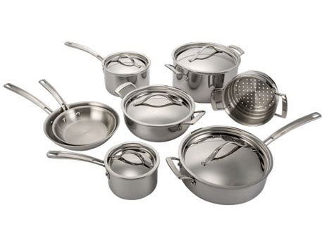 This mixed metal layering system results in a frying pan with better heat control, heat distribution, and heat retention. Kirkland Signature (Costco) 13 piece Stainless Steel tri