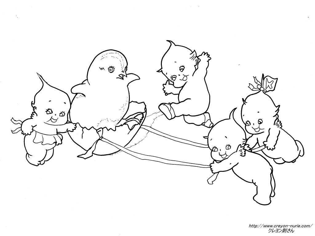 ローズ オニールのひよこと遊ぶキューピーのイラストの塗り絵の下絵 画像