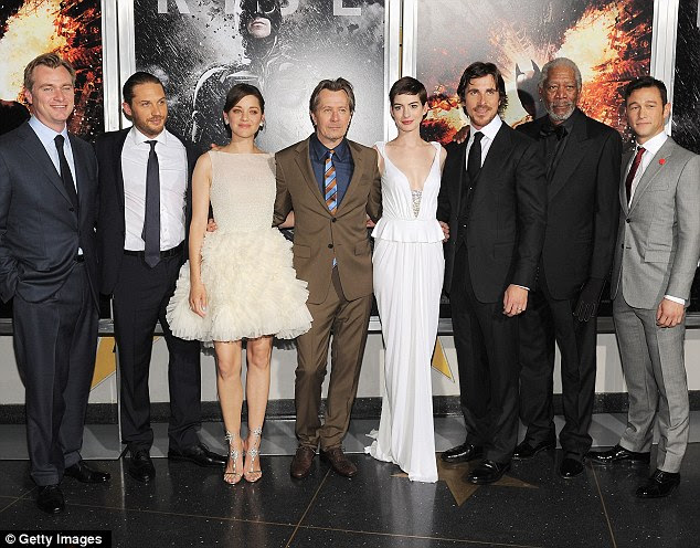 Stars of the show: (L-R) Director Christopher Nolan, Tom Hardy, Marion Cotillard, Gary Oldman, Anne Hathaway, Christian Bale, Morgan Freeman and Joseph Gordan-Levitt 