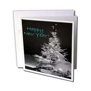 Yves Creations Pretty Christmas Tree - Pretty Christmas Tree Happy New Year in Black and White With Light Blue Text - Greeting Cards-12 Greeting Cards with envelopes