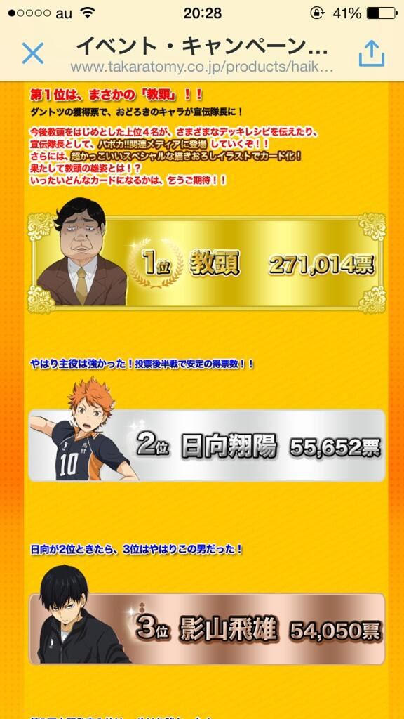 ハイキュー カードゲーム人気投票 の結果発表 １位が校長になり女の子のファンが激怒 やらおん