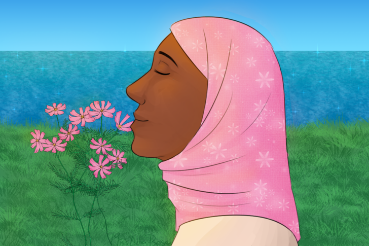 Woman in Hijab Smells Flowers.png