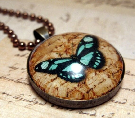 Turquoise Butterlfy Necklace - Glass Dome Pendant Vintage Copper, Picture Pendant, Photo Pendant, Art Pendant by Lizabettas