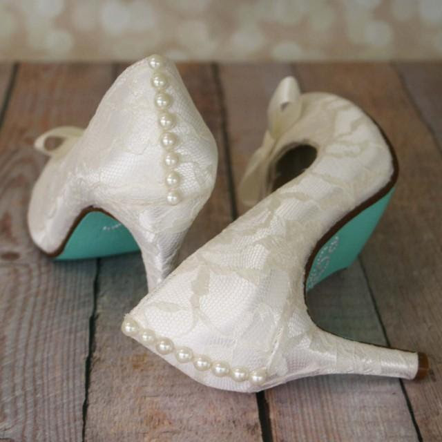 ivory wedding shoes ivory closed toe wedding heels with ivory lace overlay satin bow on toe pearl buttons and blue painted sole