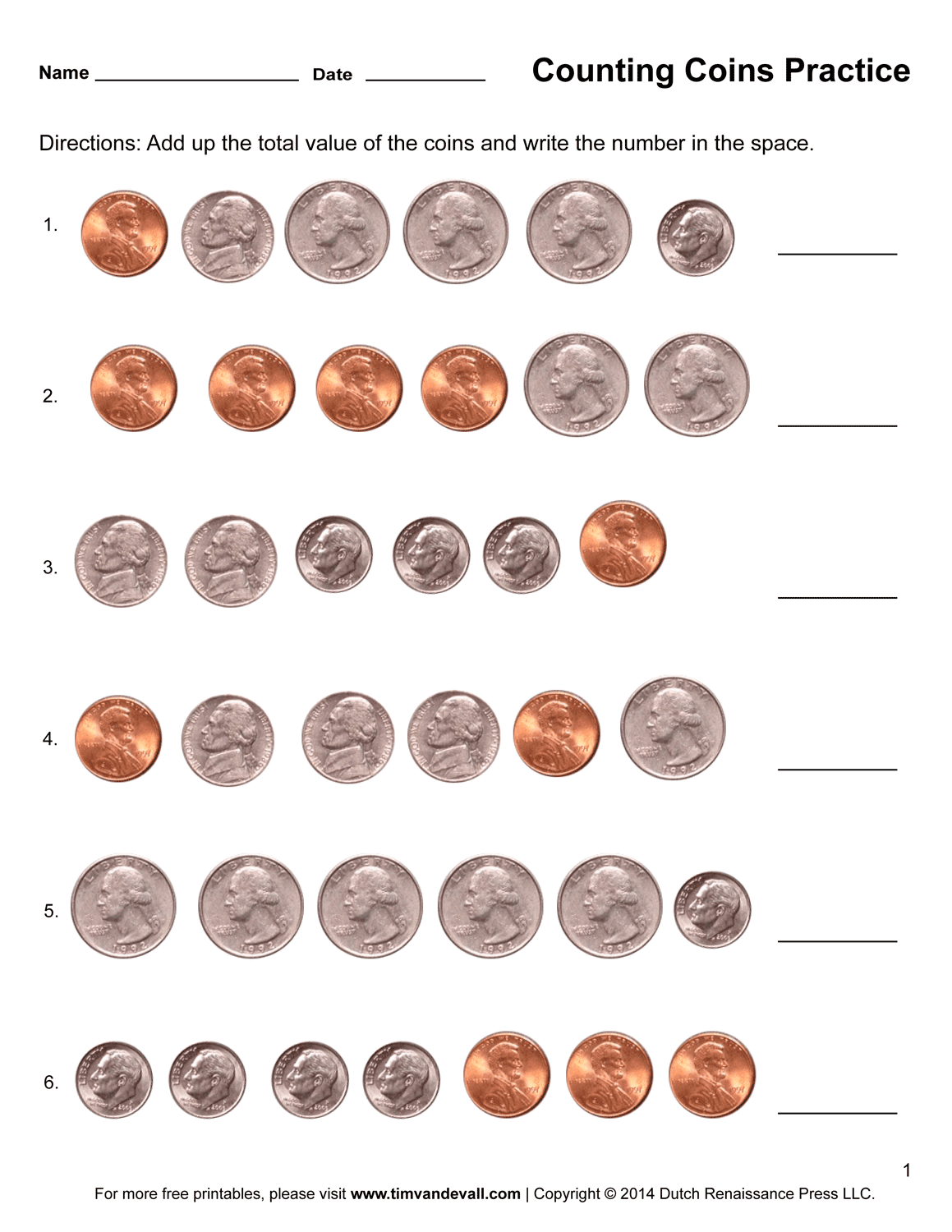 Kindergarten math worksheets coins
