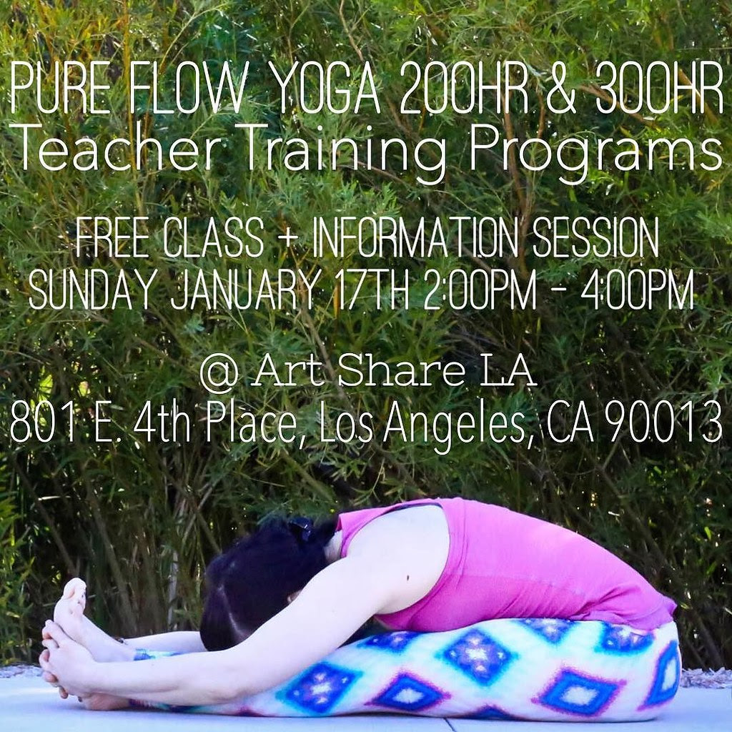 Join me for my Pure Flow Yoga Teacher Training INFORMATION SESSION & FREE CLASS • THIS SUNDAY January 17th from 2-4pm at @artshare_la • 801 E. 4th Place, Los Angeles, CA 90013! Meet and greet with fellow potential trainees, myself, and our fabulous Assist