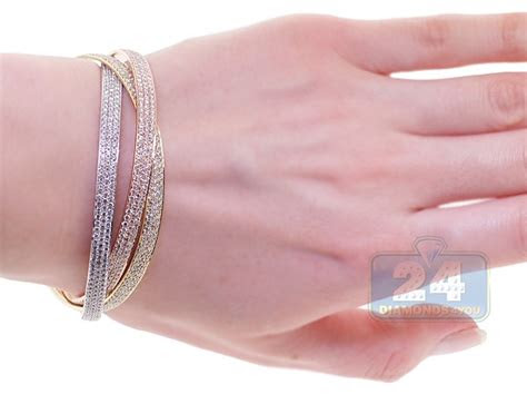 They are just under 2mm across and are both . Womens Diamond Triple Bangle Bracelet 14K 3-Tone Gold 15