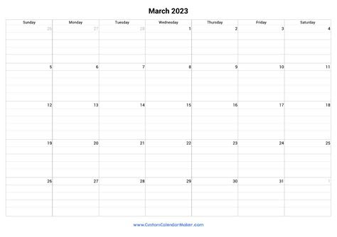  march 2023 fillable calendar grid with lines