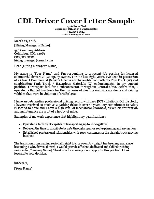 Cover letter sample driver