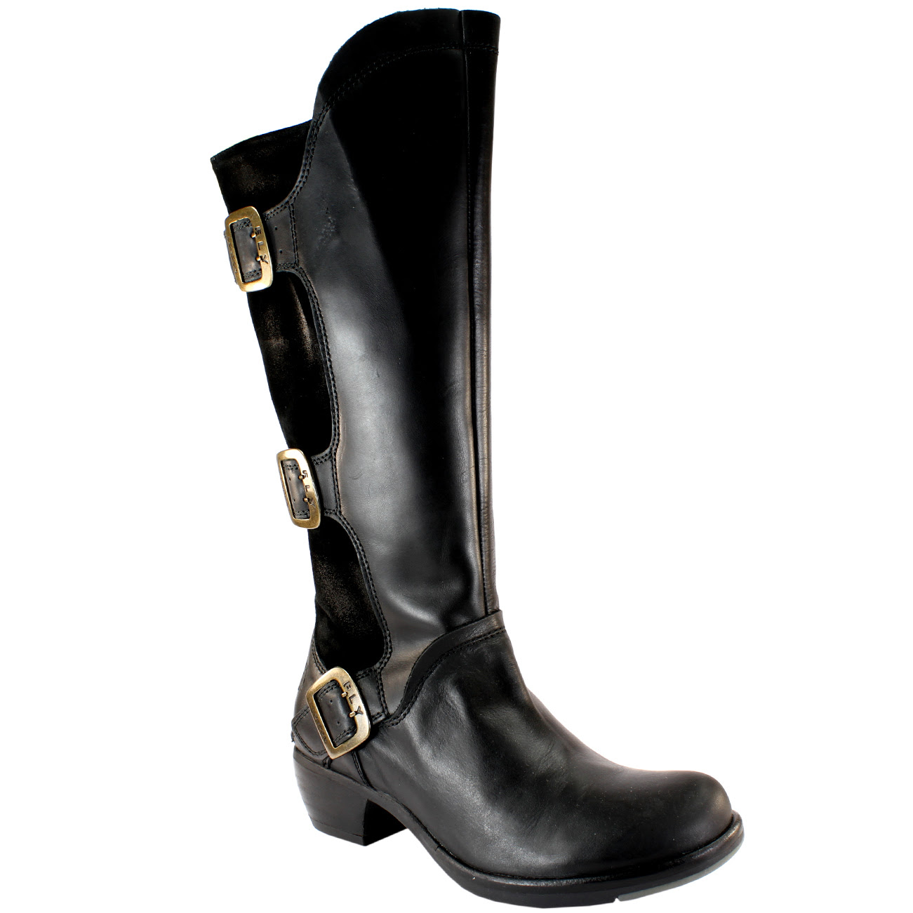 Fly London Mynd Leather Suede Three Buckle Wide Calf Knee High Boots ...