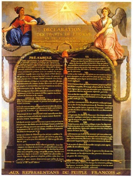 The official document of the Declaration of Human Rights contains several occult symbols referring to Secret Societies. First, the symbol of the All Seeing Eye within a triangle, surrounded by the light of the blazing star Sirius, is found above everything else (this symbol is also found on the Great Seal of the United States). Underneath the title is depicted an Ouroboros (a serpent eating its own tail), an esoteric symbol associated with Alchemy, Gnosticism and Hermetism, the core teachings of Masonry. Right underneath the Ouroboros is a red phrygian cap, a symbol representing Illuminist revolutions across the world. The entire Declaration is guarded by Masonic pillars.